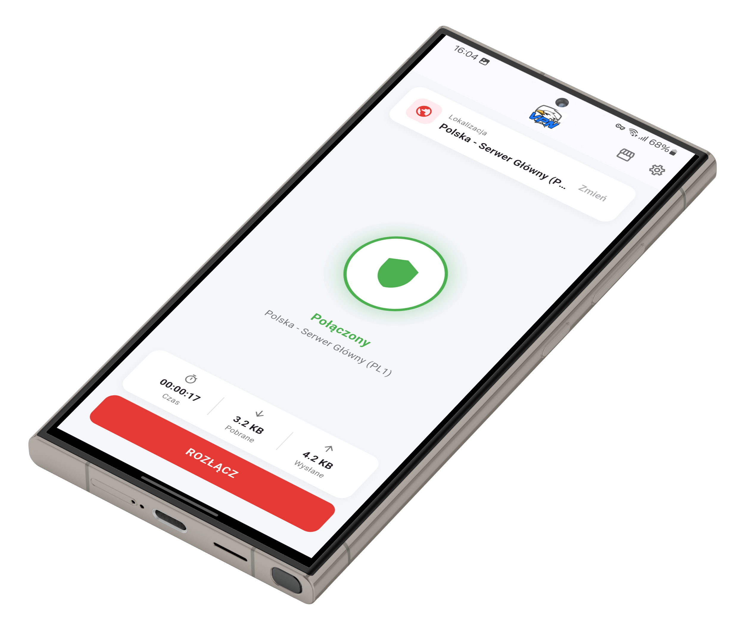 Aplikacja Polski VPN na Androidzie - status Połączony z serwerem Polska (PL1)
