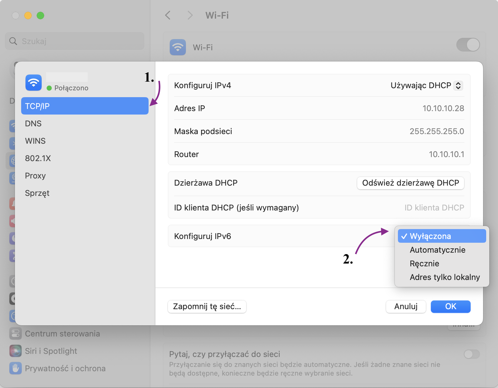 Jak wyłączyć IPv6 Macbook Ustawienia 2