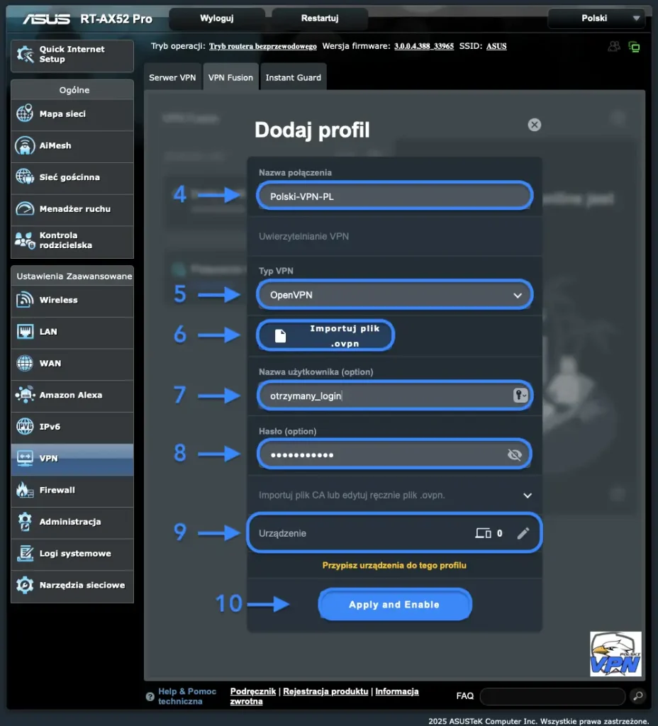 klient vpn - router asus - openvpn - vpn - vpn fusion - dodaj profil 2