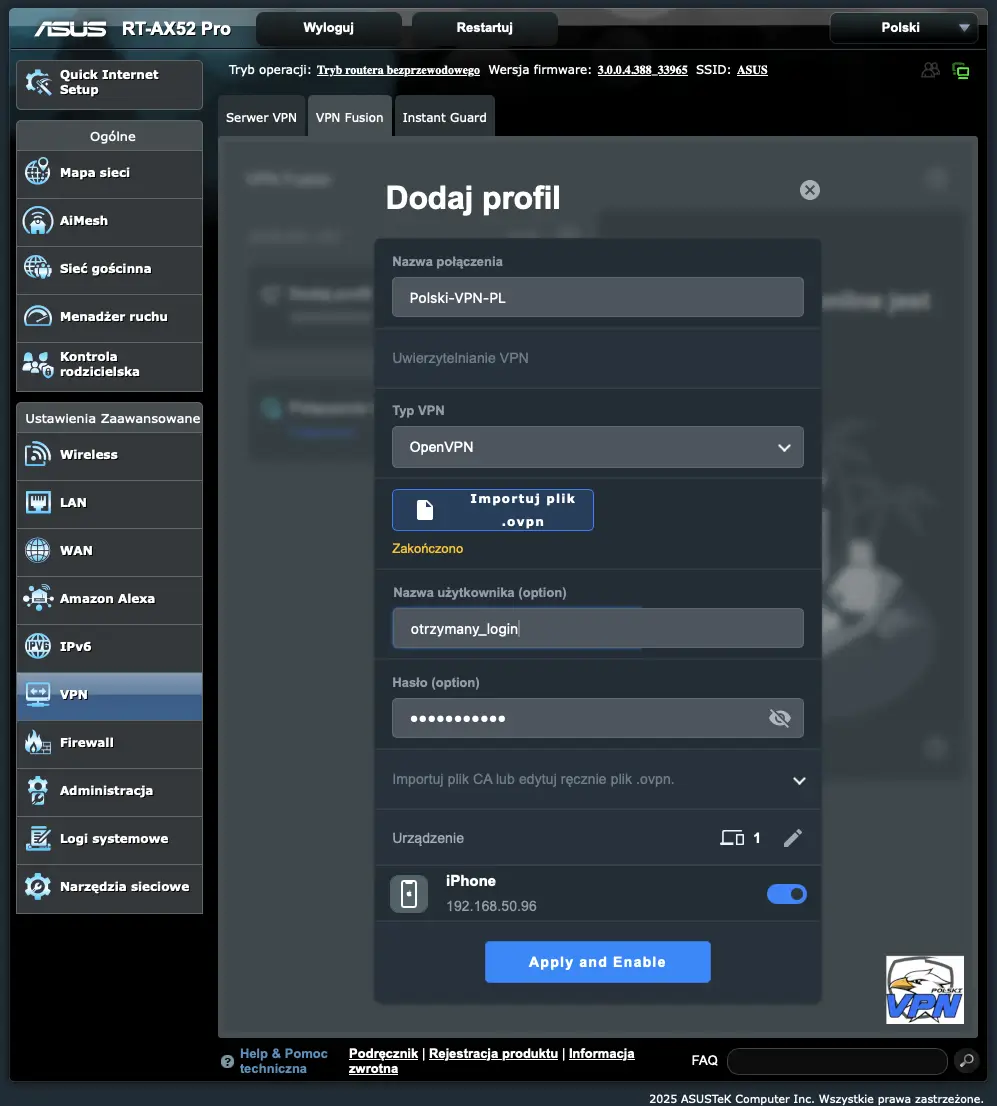 klient vpn - router asus - openvpn - vpn - vpn fusion - dodaj profil 3
