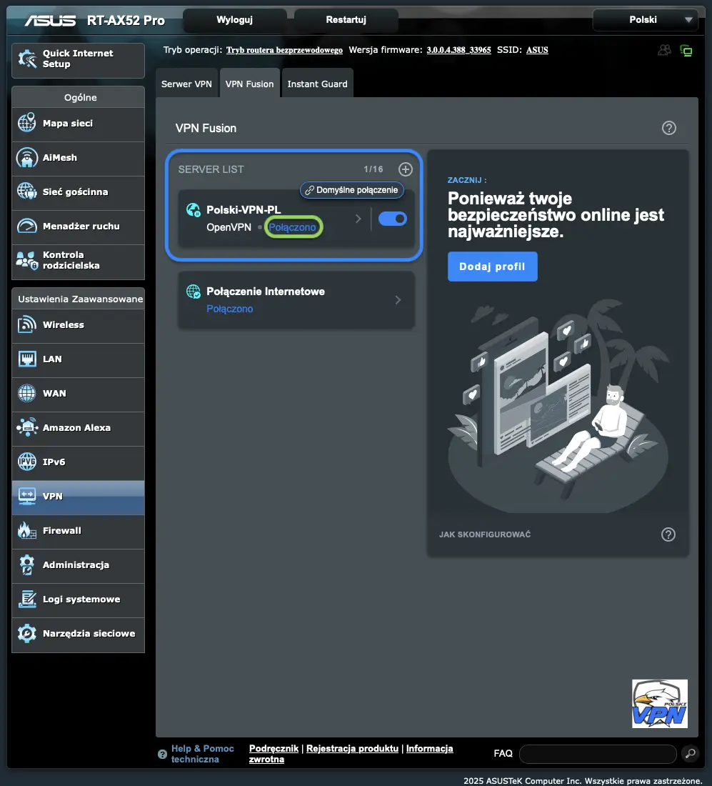 klient vpn - router asus - openvpn - vpn - vpn fusion - dodaj profil 5 - sukces